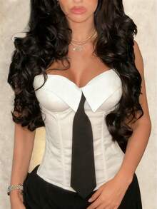 Yuwenier Y2K College Style Boned Top With Bow Tie Decoration, White Bustier Overbust Strapless Lace-Up Backless Shapewear Crop Tube Tops For Valentine's Day - White - View 5