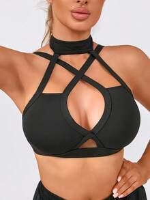 Women's Solid Color Fashion Removable Padded V-Neck Criss-Cross Back Sports Knit Bra - Black - View 5