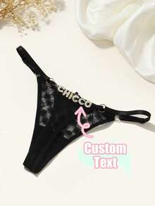 Personalized Thong With Rhinestone Words Funny Custom Thongs For Women Sexy Lace Underwear G-String Panties - Black - View 9