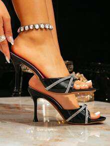 Women's Fashionable Black Crystal Chain Decor Stiletto High Heel Sandals, Sexy & Elegant, Suitable For Valentine's Day, Party, Wedding, Date - Black - View 7