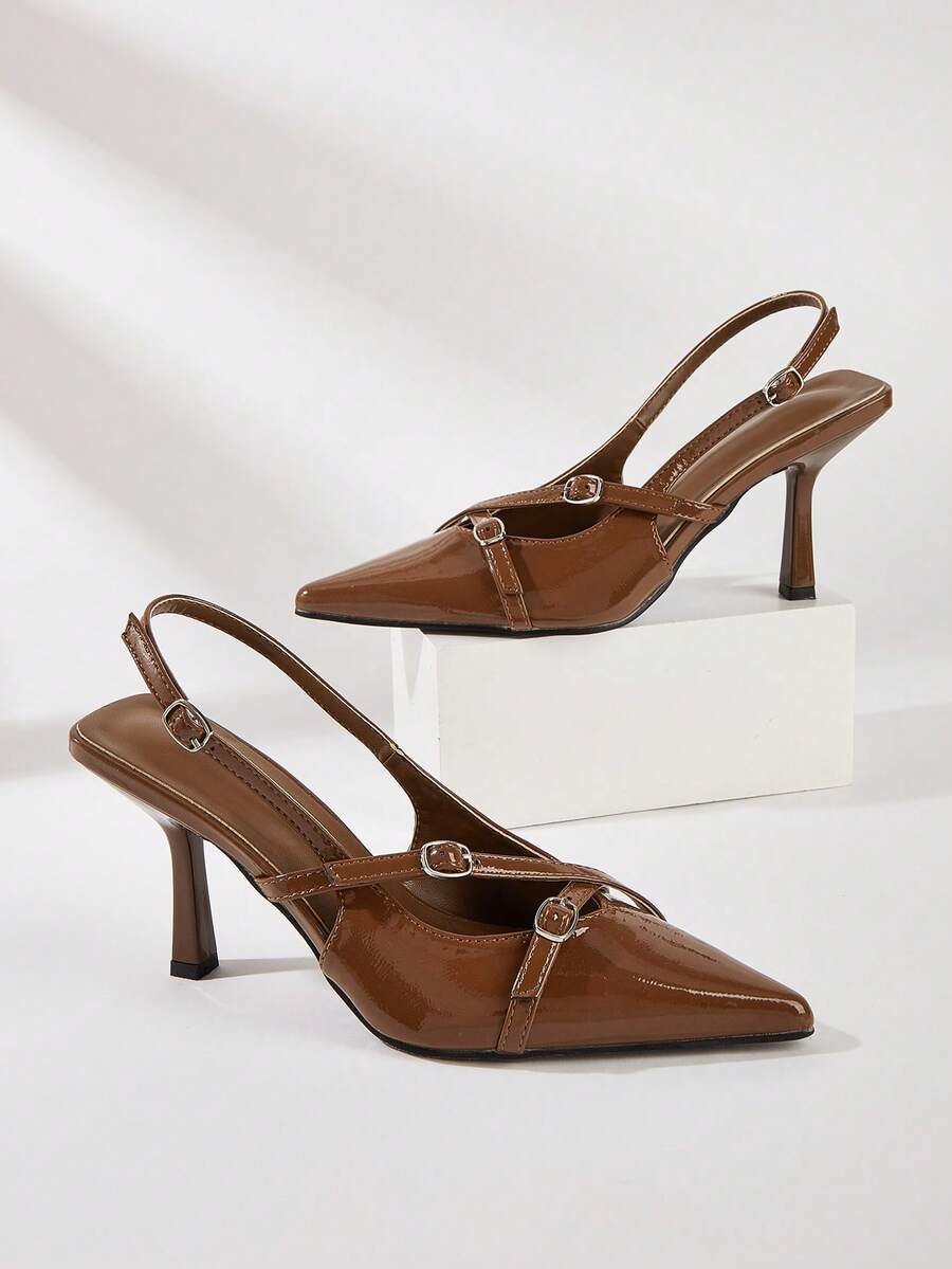 Tacones de punta, de cuero patentado, con cierre de hebilla, tacones delgados, adecuados para fiestas, banquetes, ir a la oficina y uso diario - Café integral - Ver 1