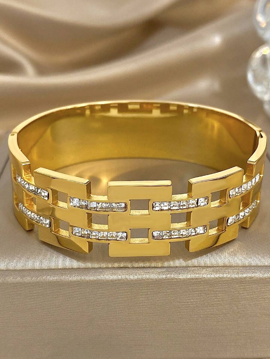 1Pc Men's Modern Geometric Wide Cuff Bracelet, 18K Gold Plated Stainless Steel With Full Inlaid Zirconia, Bold Statement Bracelet For Men, For Business Banquet, Formal Wear, Gala, Wedding, Anniversary, Luxury Men's Jewelry Gift
