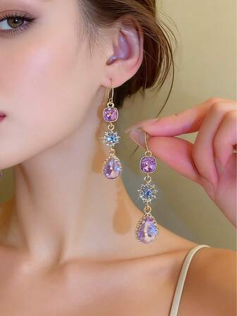1 Pair Of French Long Teardrop Shaped Artificial Crystal Earrings, Suitable For Ladies And Parties