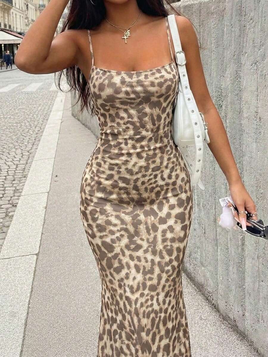 Sexy Leopard Print Spaghetti Strap Bodycon Dress, Backless Design, Clubwear, Maxi Length Bodycon Skirt, Y2K Vintage Leopard Print Spaghetti Strap Dress, Backless Long Dress, Fitted Elastic, Fishtail Hem, Model Same Style, Summer Vacation, Backless Dress, Leopard Print Backless Dress, Summer Beach Vacation, Spaghetti Strap Design, Sexy Fitted, Elegant, Date Night Formal Gown - Rust Brown - View 1