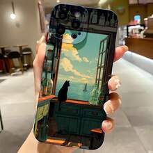 2026 nueva funda de teléfono esmerilada, funda de teléfono con silueta de gato, ventana con vista al mar, impresión artística para iPhone 17 14 13 12 11 Pro Max Se 2020  Galaxy S23 S22 S21 S20 Plus, funda ultra protectora para parejas, regalo de San Valentín o cumpleaños para él o ella - Azul Klein - Ver 2