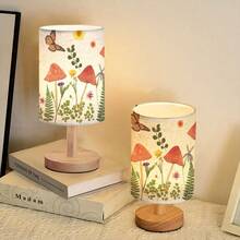 Mushroom  Patterns Desk Lamp LED Bulb Included(Three Lighting Settings), Small Bedside Table Lamp - Classic Wood Base With Flaxen Fabric Shade, Lamps For Night Stands, Simple Nightstand Light For Bedroom, Office, Desk - 彩色 - 查看 3