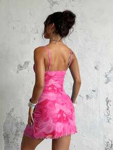A Summer Dress With Bright Mesh Print And Halter Straps Vacation Outfits Women Valentines Day Dress Pink Dress Elegant Dresses For Party - Hot Pink - View 4