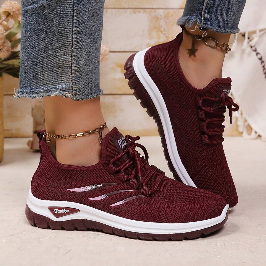 Tênis Casuais Femininos Plus Size, Sapatos de Malha Respirável, Design de Três Listras Laterais com Cadarço Baixo, Fácil de Vestir e Tirar, Presente Feminino, Adequado para Corrida, Caminhada, Transporte e Uso Diário em Todas as Estações - Vermelho - Visão 1