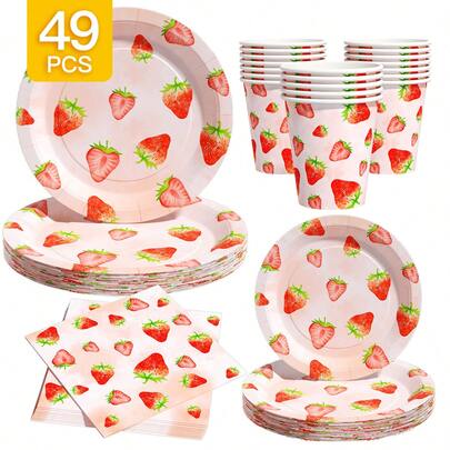 Strawberry Print Disposable Plate, Napkin, Cup Set, Plates, Napkins And Cups Party Supplies, Serves 8 Guests, Disposable Paper Plates Party Tableware Suitable For Birthday, Wedding, Theme Party, Family Picnic