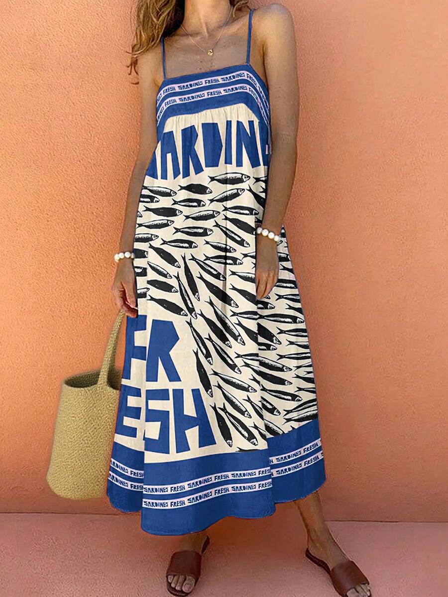 Đầm slip phong cách Bohemian dành cho nữ, kiểu dáng thường ngày thanh lịch, phối màu tương phản, in chữ cái Latinh kiểu Anh và hình cá, thích hợp cho mùa xuân/hè.