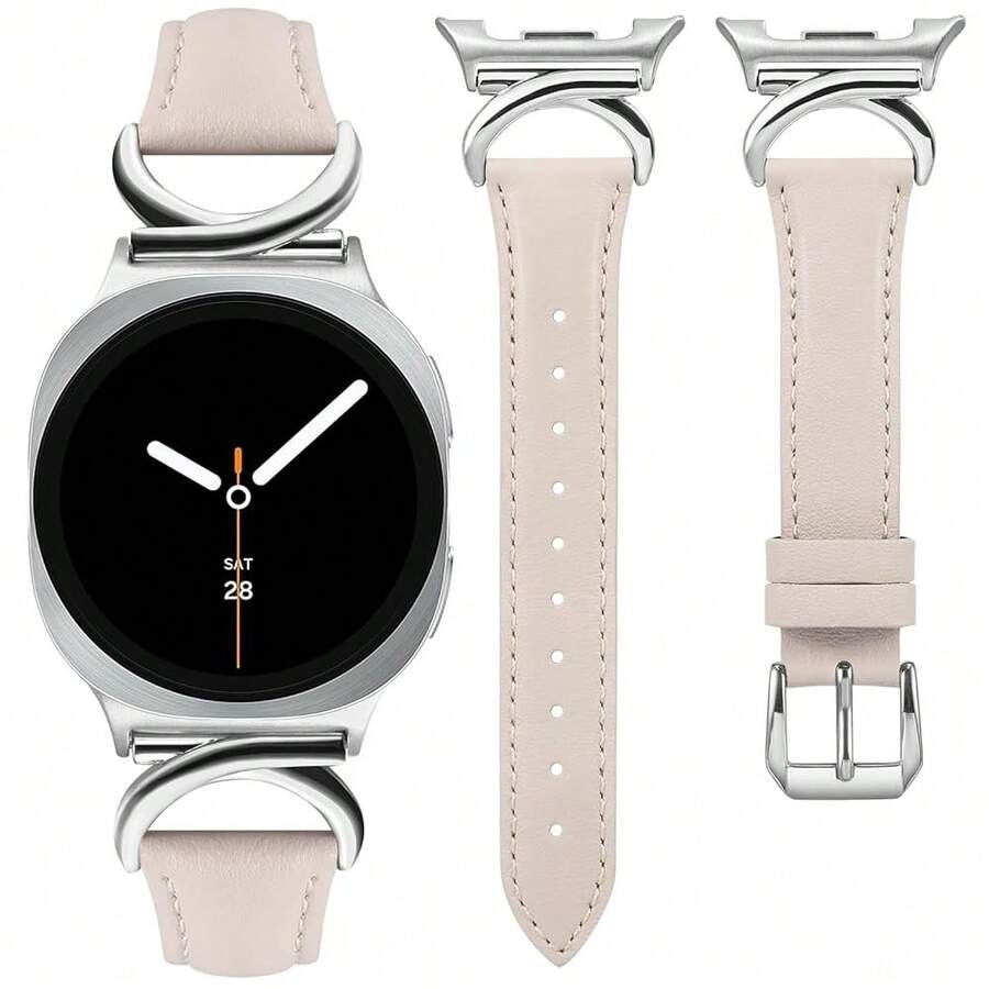 Minyee Leather Band Compatible With Samsung Galaxy Watch 8 40mm 44mm/ 8 Classic 46mm Bands, No Gap One-Click Slim Thin Dressy Leather Strap With C-Shape Metal Buckle Women, NOT For Other Models,Starlight/Silver - 星光/銀色 - 查看 1