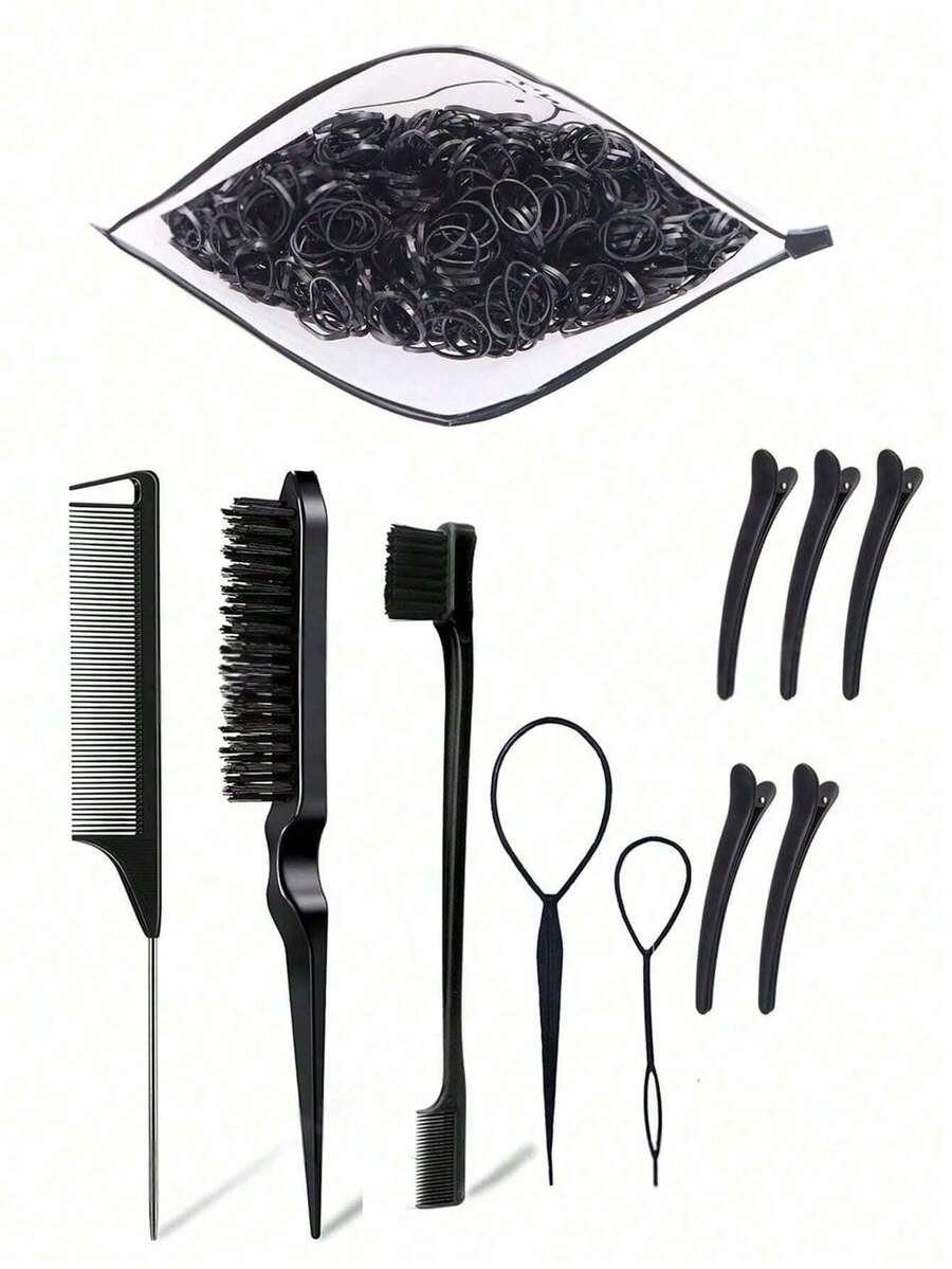 11pcs Hair Styling Tool Set, Includes 2 French Braiding Tools, 1 Rat Tail Comb, 1 Detangling Brush, 1 Pair Of Hair Clips, 5 Alligator Clips And 1 Pack Of 1000pcs 1.1cm/0.43" Hair Ties (1 Pack Of 1000pcs Hair Ties Can Be Purchased Separately)