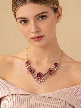 1 pieza Collar colgante de flor de rosa romántica y diamante de moda, material de hierro, adecuado como regalo para el Día de San Valentín, días festivos, fiestas, bodas, ocasiones formales y uso diario