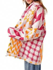 Women's Oversized Cardigan Sweater,Button Down Shawl Collar Sweater Coat,Y2K Print Fall Fashion Cardigans,Cozy Long Open Front Knit - 玫紅色 - 查看 6