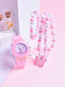 2026新款花朵蝴蝶双机芯LED学生手表，卡通蝴蝶儿童石英表，项链手链公主首饰套装，3件套女孩礼品套装 - 粉色 - 查看 5
