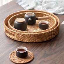 Juego de comedor/té de ratán tejido natural - Bandeja de servir de una sola pieza de ratán con asa, adecuada para cocina, comedor y ceremonia del té. Excelente para sostener tazas de té, frutas frescas, panes y aperitivos. - Naranja - Ver 6