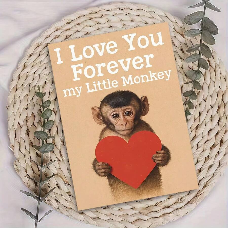 1pc "I Love You Forever My Little Monkey Cute Valentine's Card" Adorable Monkey Greeting Card – Red Heart Design Detail, Sweet Love Card With Envelope, Blank Inside For Personal Notes, Perfect Gift For Partners With Playful Nicknames To Celebrate Warm Bond, Ideal For Valentine's Day, Charming Card Blending Cute Style & Sincere Warmth - Multicolor - View 1