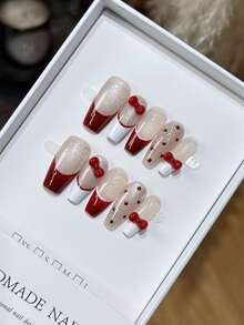 红白法式波点棺材形压制假指甲 - 紅白色 - 查看 1