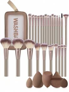 Eid Al-Fitr 31pcs Complete Makeup Brush Set, Including 25 Soft Brushes Such As Powder Brush, Blush Brush, Contour Brush, Highlighter Brush, Foundation Brush, Nose Shadow Brush, Eyeshadow Brush, Eyebrow Brush, Lip Brush, And Detail Brush + 1 Travel Waterproof Makeup Bag + 1 Triangular Puff + 2 Liquid Beauty Eggs + 1 Finger Puff + 1 Mini Beauty Eggs, Suitable For Beginners, Professional Makeup Artists, And Novice Beauty Practice Scenarios - Multicolor - View 12