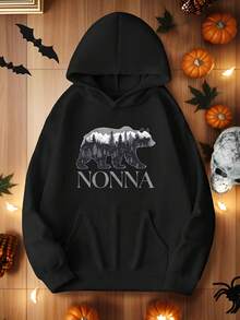 Cozy Plus Size Women-S Hoodie With Geometric Bear Design - Longeeve, Casual Knit Pullover With Pockets, Hine Washable - 黑色10 - 查看 1