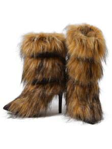 Women's Ankle Boots Long Faux Fur Pointed Toe Slim Stiletto Heel Y2k Style Warm Fuzzy Outdoor Boots With Buckle Design - 棕色 - 查看 7