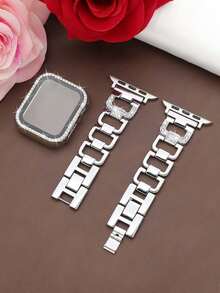 Band And Case Set For Women - Fashionable D-Shape Metal Band With Rhinestones (38mm, 40mm, 41mm, 42mm, 44mm) + Shiny Rhinestone Shock-Proof & Scratch-Resistant PC Case With Tempered Glass Screen Protector, Silver. Women's Accessories Compatible With Apple Watch Band And Case. - Silver - View 2