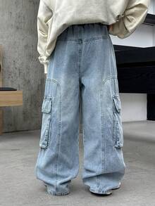 青少年男童工装口袋阔腿宽松休闲牛仔裤 - 淺藍色 - 查看 3