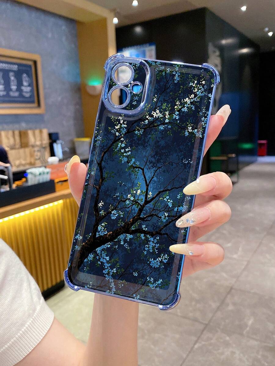 1pc Natural Tree Branch & Snowflake Leaf Anti-Scratch Electroplated Camera Protection Phone Case, UV Printed Compatible With Samsung Galaxy///// Android Models - Blue - View 1