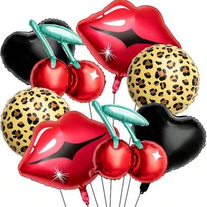 8pcs Valentine's Day Red Lip, Cherry, Leopard Print Foil Balloons, Suitable For Weddings, Anniversaries, Birthdays, Festivals, Theme Parties, Event Decorations, Photo Props
