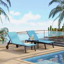 Juego de 3 sillas de salón para Exteriores con Ruedas, Respaldo Ajustable Junto a la Piscina, sillones de Patio con Mesa Auxiliar - Azul - Ver 1