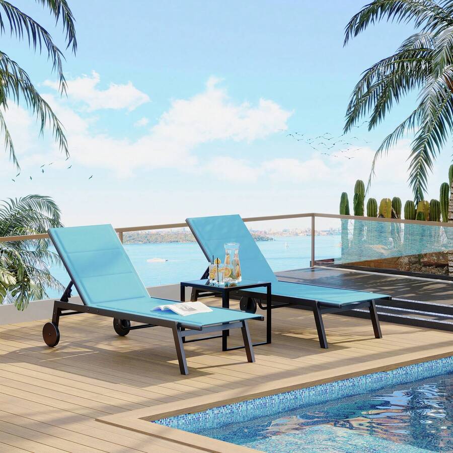 Juego de 3 sillas de salón para Exteriores con Ruedas, Respaldo Ajustable Junto a la Piscina, sillones de Patio con Mesa Auxiliar - Azul - Ver 1