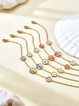 TONSI 1 Pieza/1 Conjunto de Estilo Japonés y Coreano Dulce y Romántico Ins, Pequeño, Fresco y Elegante, Moda Exquisita y Versátil, Conjunto de Joyería de Flor de Gota de Aceite Chapada en Oro de 18K de Acero Inoxidable, Collar, Pulsera, Trébol de Cinco Hojas, Adecuado para Festivales, Uso Diario, Trabajo, Fiestas y Otras Ocasiones para Usar de Mujeres