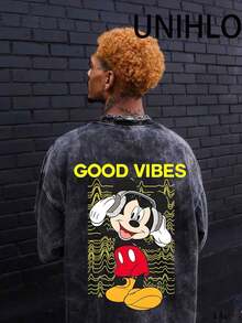 Disney UNIHLO  Mickey   Printed Summer Heavyweight Retro Washed Street Fashion Casual T-Shirt - Black - View 2
