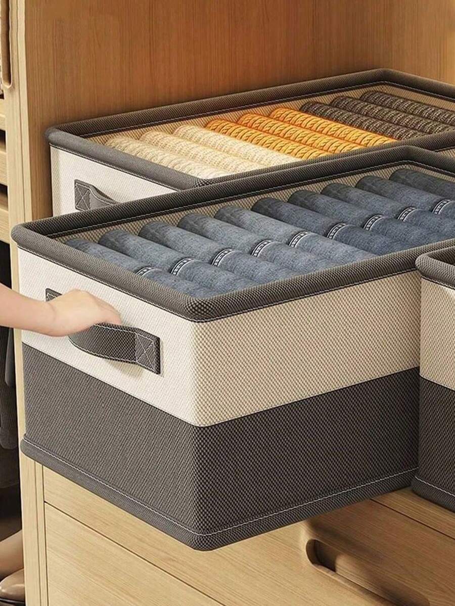 床上用品收纳箱,带把手的硬质抽屉收纳箱,衣物收纳箱,带隔板的家居收纳箱,可折叠衣柜收纳篮,用于存放衣物、内衣、T恤、被子、装饰品、节日装饰品、房间装饰、家居装饰、卧室装饰、连衣裙、裤子、鞋子、牛仔裤、靴子、裙子 - 彩色 - 查看 1