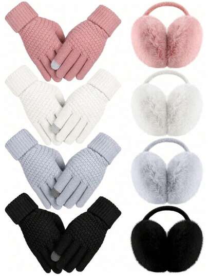 Two Pieces Winter Ear Muffs And Gloves Set, Foldable Women's Ear Muffs With Plush Faux Fur Headband, Suitable For Winter Use