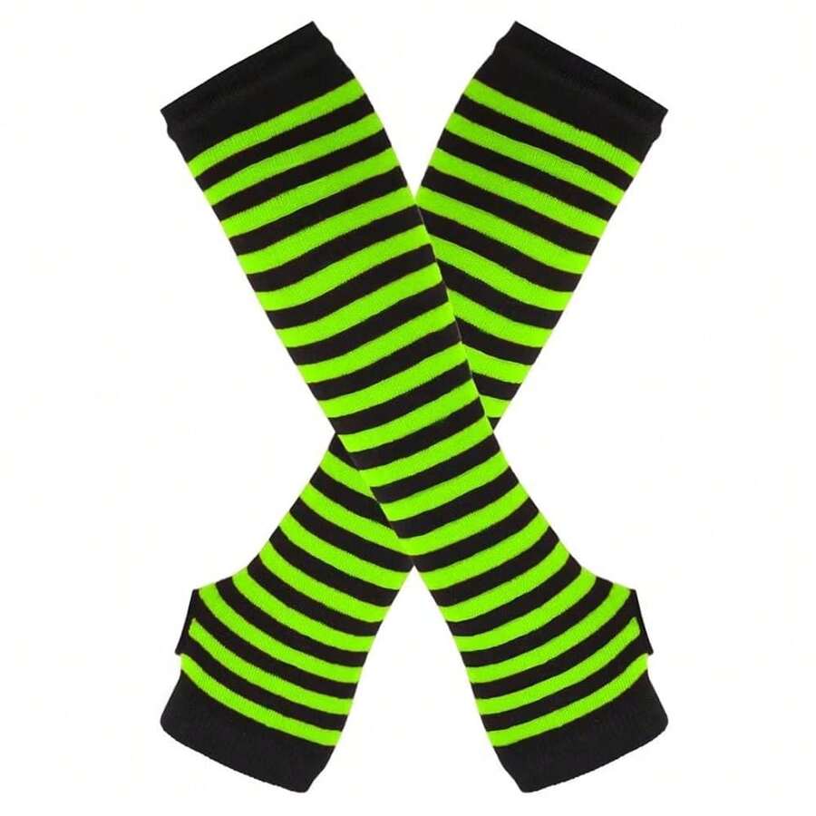 Knit Arm Warmer Thumb Hole Stretchy Gloves Women Long Fingerless Gloves Halloween Cosplay Accosss,OneSize,#2BlackNeonGreen - #2黑色螢光綠 - 查看 1