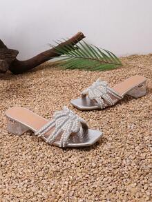 1 par de sandalias de cuña con deslizador, decoradas con lazo de perlas y cristales, con estampado de cocodrilo brillante en plata. Diseño clásico de punta abierta con tacón grueso transparente de 3 cm, suela antideslizante, elegante y de estilo princesa para uso en playa/casual, primavera/verano 2026 - Plateado - Ver 7