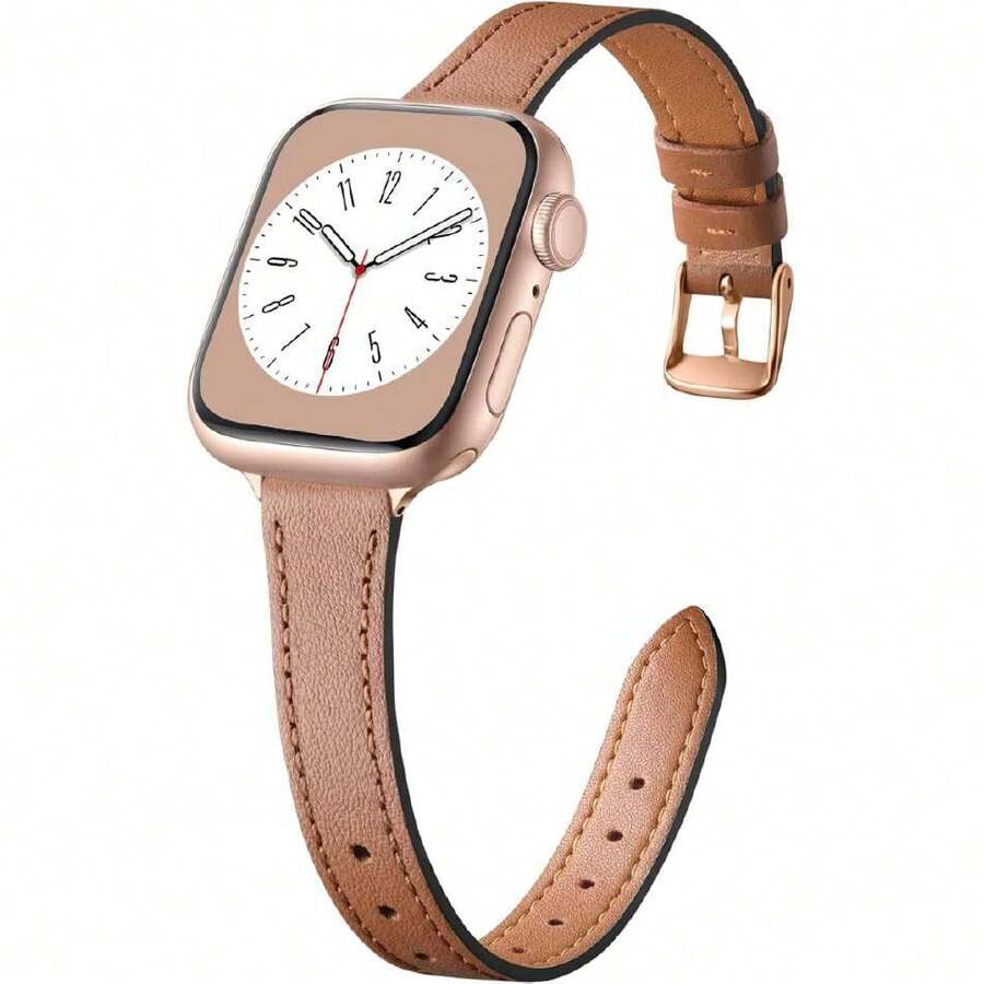 Correa Delgada Cuero Compatible con Apple Watch 38mm 40mm 41mm 42mm 44mm 45mm 46mm 49mm, Correa Delgada Cuero Genuino Primera Calidad Para Series 11 10 9 8 7 6 5 4 3 2 1 SE Ultra,37492853 - Crema - Ver 1