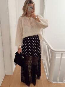 Women Satin Lace Trim Midi Skirt Polka Dot Print High Waist Long A-Line Skirts Vintage Silk Going Out Dress Y2k Streetwear Party Clubwear - 黑色蕾絲拼接 - 查看 2