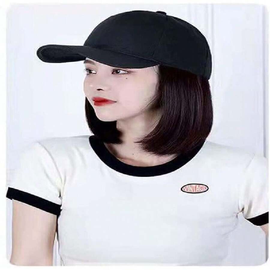 Gorra de Béisbol con Peluca de Pelo Corto Estilizada, Gorra de Verano para Mujer con Pelo Bob, Gorra de Mujer con peluca de 25cm, Ajustable, Sombrero de Extensión de Cabello (Negro/Marrón),37496273 - A - Ver 1