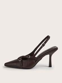 Pointed Toe Pumps, Patent Leather, Buckle Closure, Slim Heel, Suitable For Party, Banquet, Commute, Office Wear - Chocolate Brown - View 2