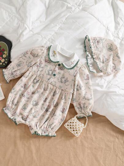 Soft & Pastoral Style! Baby Girls' Floral Long Sleeve Romper With Peter Pan Collar & Matching Ruffle Hat, Comfortable & Gentle Romper For Spring/Autumn, Suitable For Daily Wear & Photo Shoots