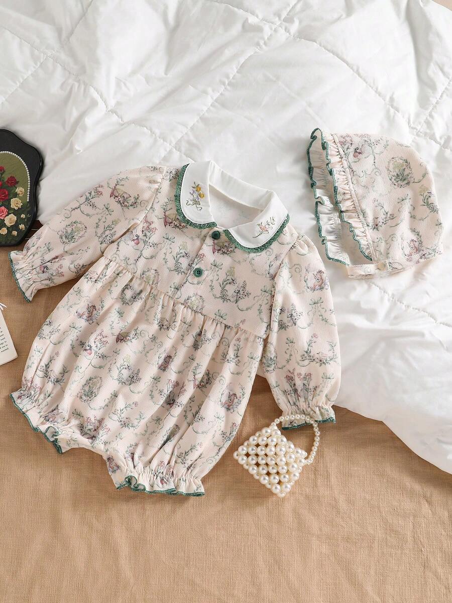 Gaya Lembut & Pastoral! Romper Lengan Panjang Motif Bunga untuk Bayi Perempuan dengan Kerah Peter Pan & Topi Ruffle yang Serasi, Romper Nyaman & Lembut untuk Musim Semi/Gugur, Cocok untuk Pemakaian Sehari-hari & Pemotretan - Hijau - View 1
