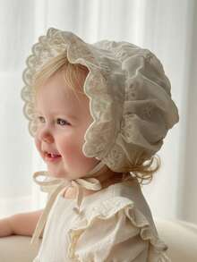 1pc Vintage Lace Flower Embroidered White Bonnet Hat For Baby Girl, Palace-Style Newborn Infant Soft Fetal Cap - 1PC - View 2