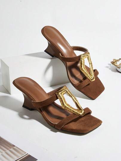 Square Toe Metal Geometric Buckle Decor Roman Style Wedge Heel Sandals, Suitable For Commuting And Office Wear