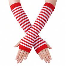 Nydotd Fingerless Long Sleeve Mittens Gloves Y2K Kawaii Japanese Harajuku Gothic Punk Knitted Striped Arm Warmer For Women,RedWhite - 紅白 - 查看 1