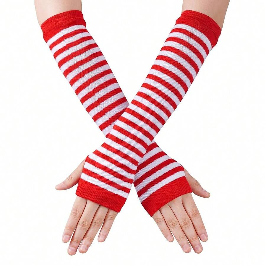Nydotd Fingerless Long Sleeve Mittens Gloves Y2K Kawaii Japanese Harajuku Gothic Punk Knitted Striped Arm Warmer For Women,RedWhite - 紅白 - 查看 1