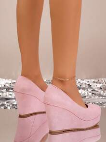 女士舒适高跟套脚鞋，圆头绒面革设计，优雅百搭，适合工作、通勤、约会、晚宴等场合，时尚鞋履 - 粉色 - 查看 14