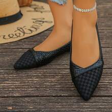 女士纯色平底乐福鞋，百搭休闲尖头套脚透气鞋，日常穿着莫卡辛鞋 - 黑色方格 - 查看 3