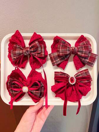 1pc Adult Versatile Accessory, Women's Red Vintage Lace Bow Decor Cute Sweet Chic Side Clip Duck Clip Hair Clip Hair Accessory, Suitable For Birthday Party, Holiday, Banquet, Daily Use, Claw Clips, Hair Slide, Hair Barrettes